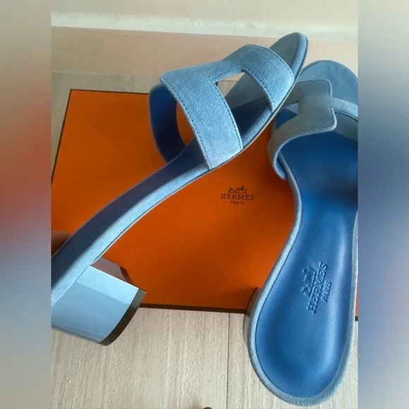 Hermes Bleu Cameo Oasis Sandals Velvet Goat size 37 - Picture 6 of 12